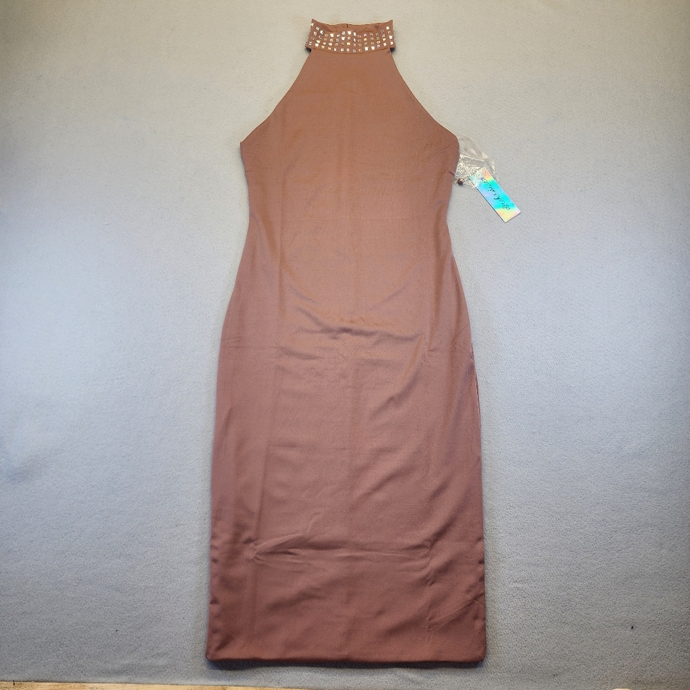 Derek Heart Mauve Rhinestone Halter Dress NWT Midi Side Slit Bodycon Glam Y2K M